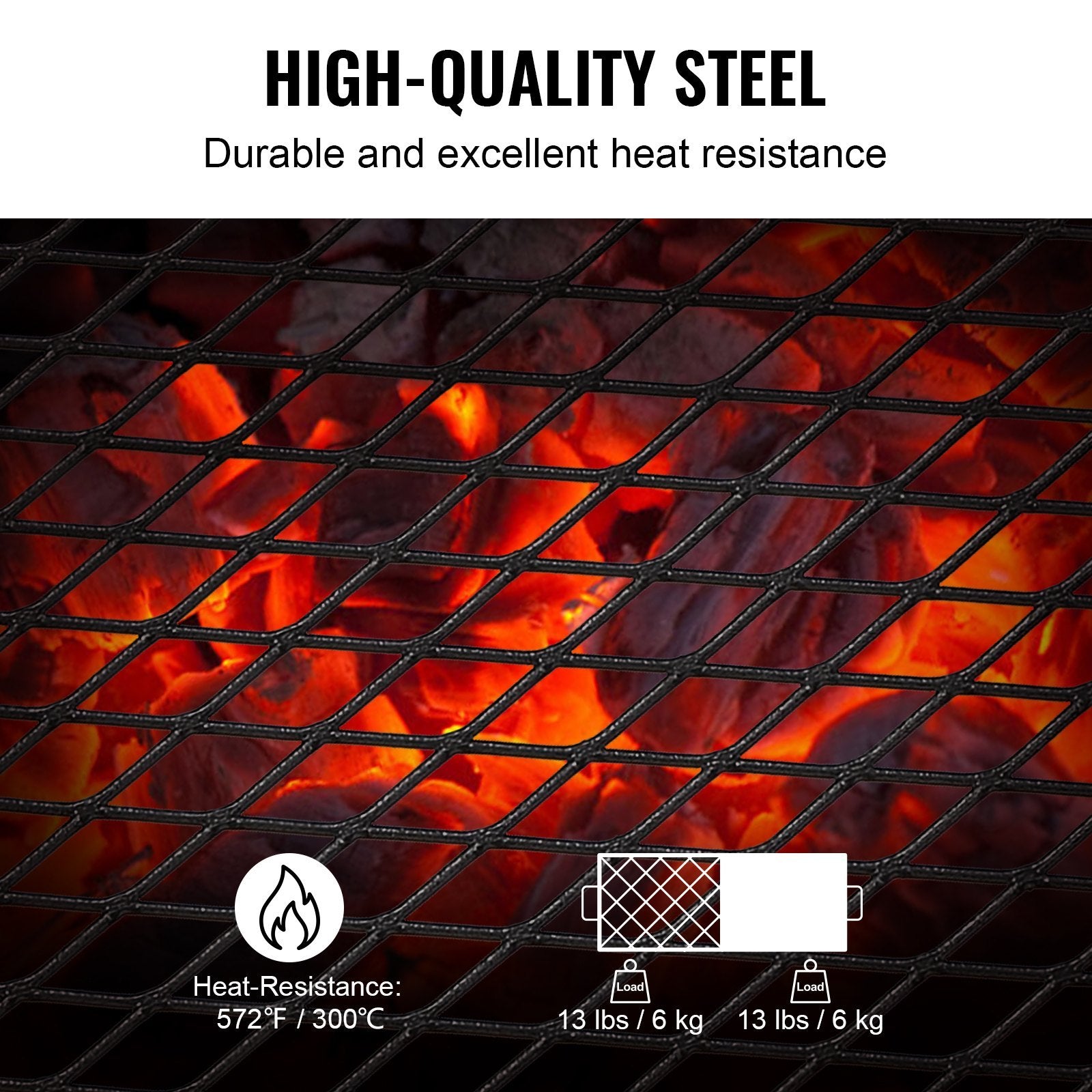 Grill grid with glowing coals and text highlighting high-quality steel durability.