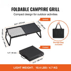 Foldable campfire grill with dimensions, storage bag, and weight information on a white background.