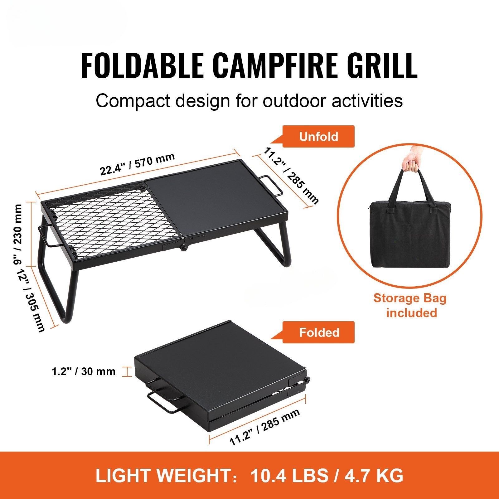 Foldable campfire grill with dimensions, storage bag, and weight information on a white background.
