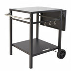 Black metal cart with a white top, shelves, and wheels on a white background