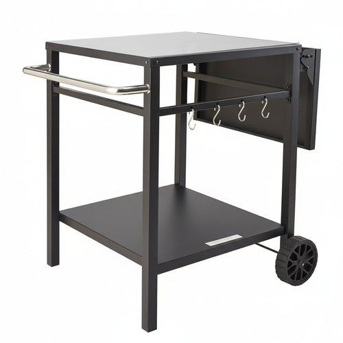 Black metal cart with a white top, shelves, and wheels on a white background