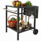 Black kitchen cart with fruits, vegetables, and utensils on a white background