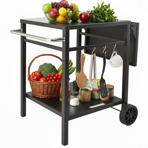 Black kitchen cart with fruits, vegetables, and utensils on a white background