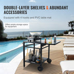 Outdoor bar cart with double-layer shelves and accessories by a poolside.