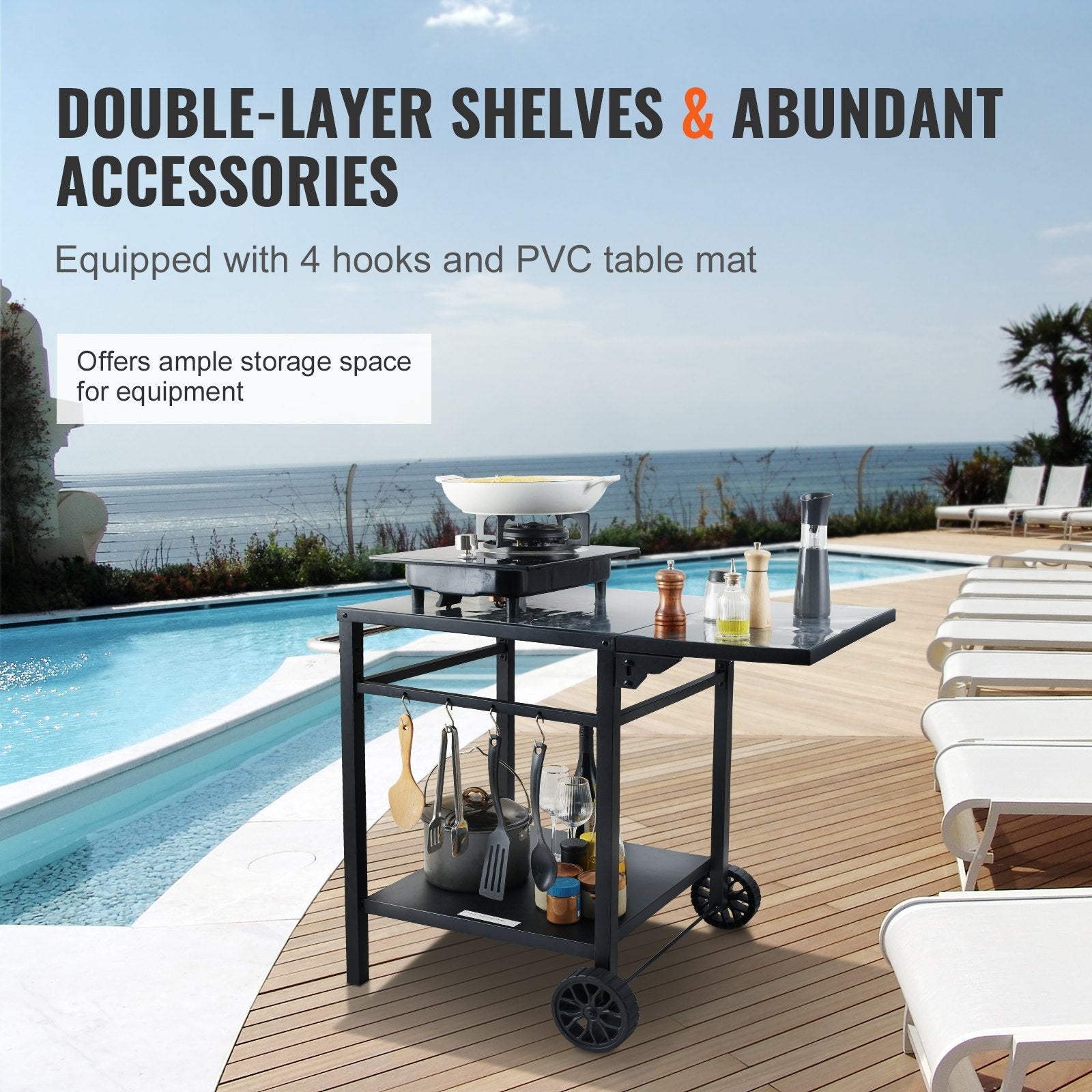 Outdoor bar cart with double-layer shelves and accessories by a poolside.