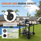 Outdoor kitchen cart with wheels on a grassy area, featuring text about load-bearing capacity and wheel material.