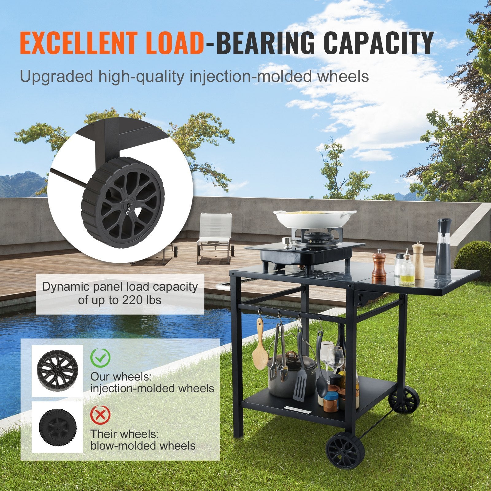 Outdoor kitchen cart with wheels on a grassy area, featuring text about load-bearing capacity and wheel material.