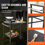 Portable kitchen cart with cooking elements and text highlighting ease of assembly and cleaning.