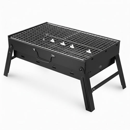 Black portable grill on a white background