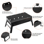 Portable folding BBQ grill with features highlighted on a white background