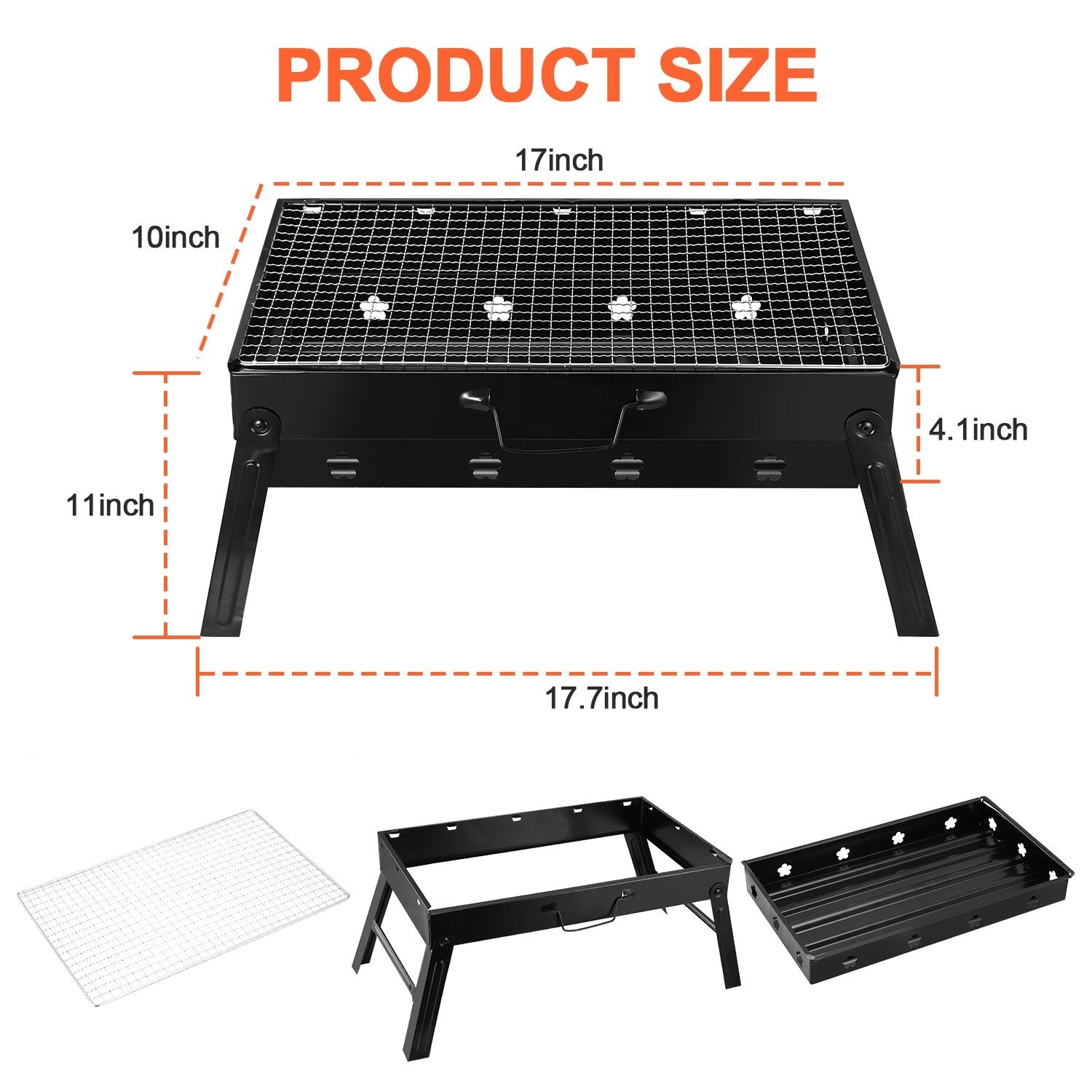 Dimensions of a portable grill with measurements labeled