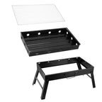 Black metal grill components on a white background