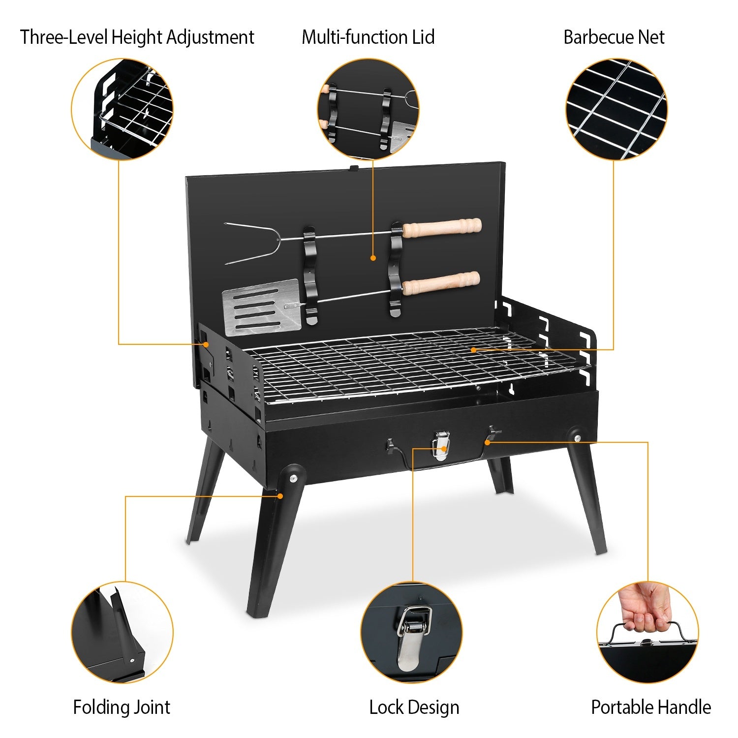 Black portable grill with features highlighted on a white background