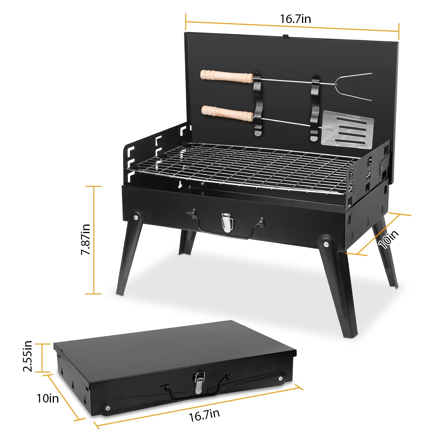 Black portable grill with dimensions on a white background