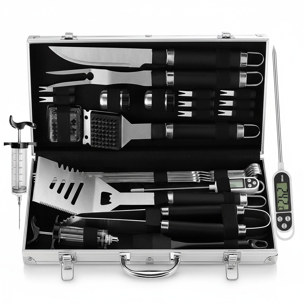 Set of barbecue tools in a case with a digital thermometer on a white background