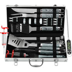 Barbecue tool set with various utensils in a case, including a digital thermometer.