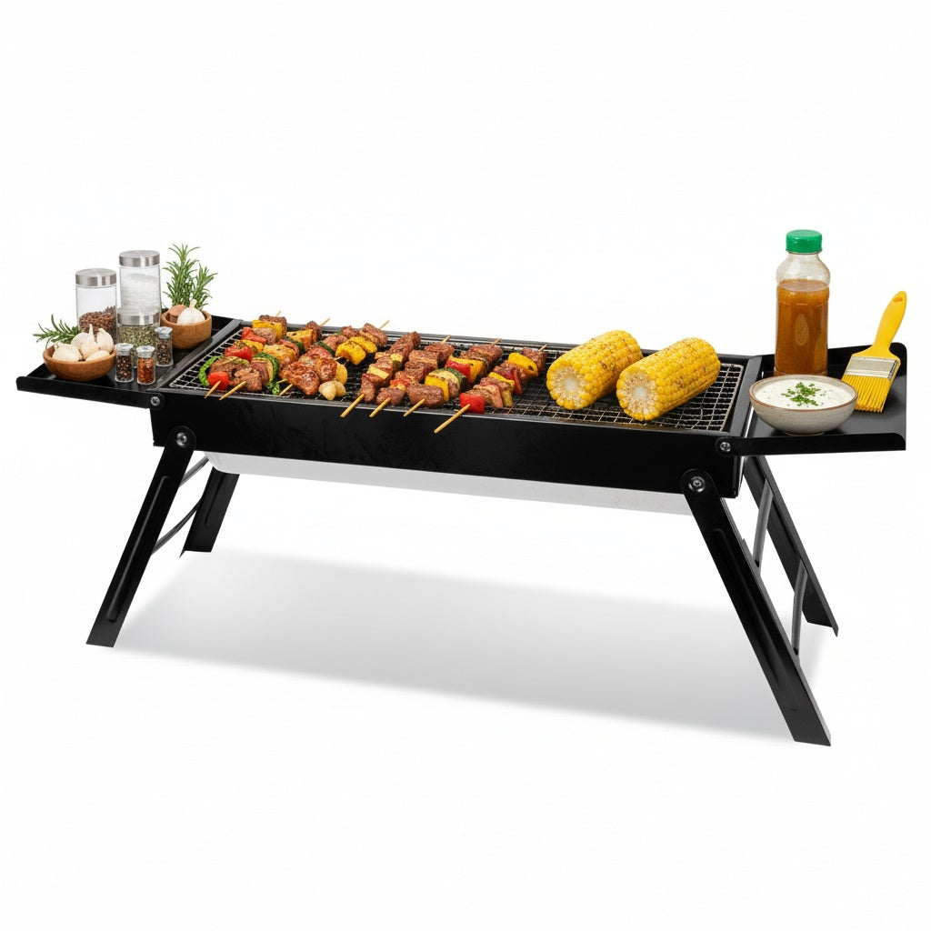 Portable grill with skewered meats, corn, and condiments on a white background