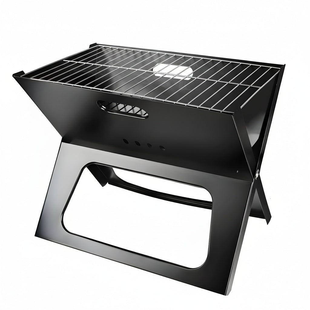 Black portable grill with X-shaped design on a white background