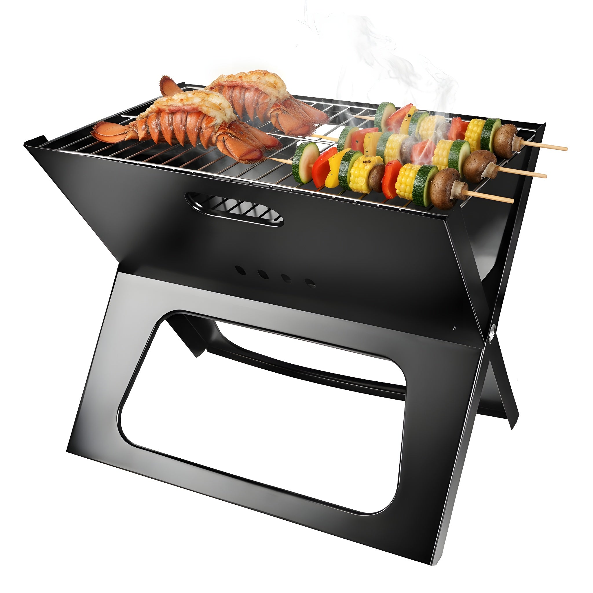 Portable grill with skewers of food on a white background