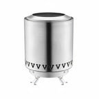 Silver cylindrical object with black pattern on a white background