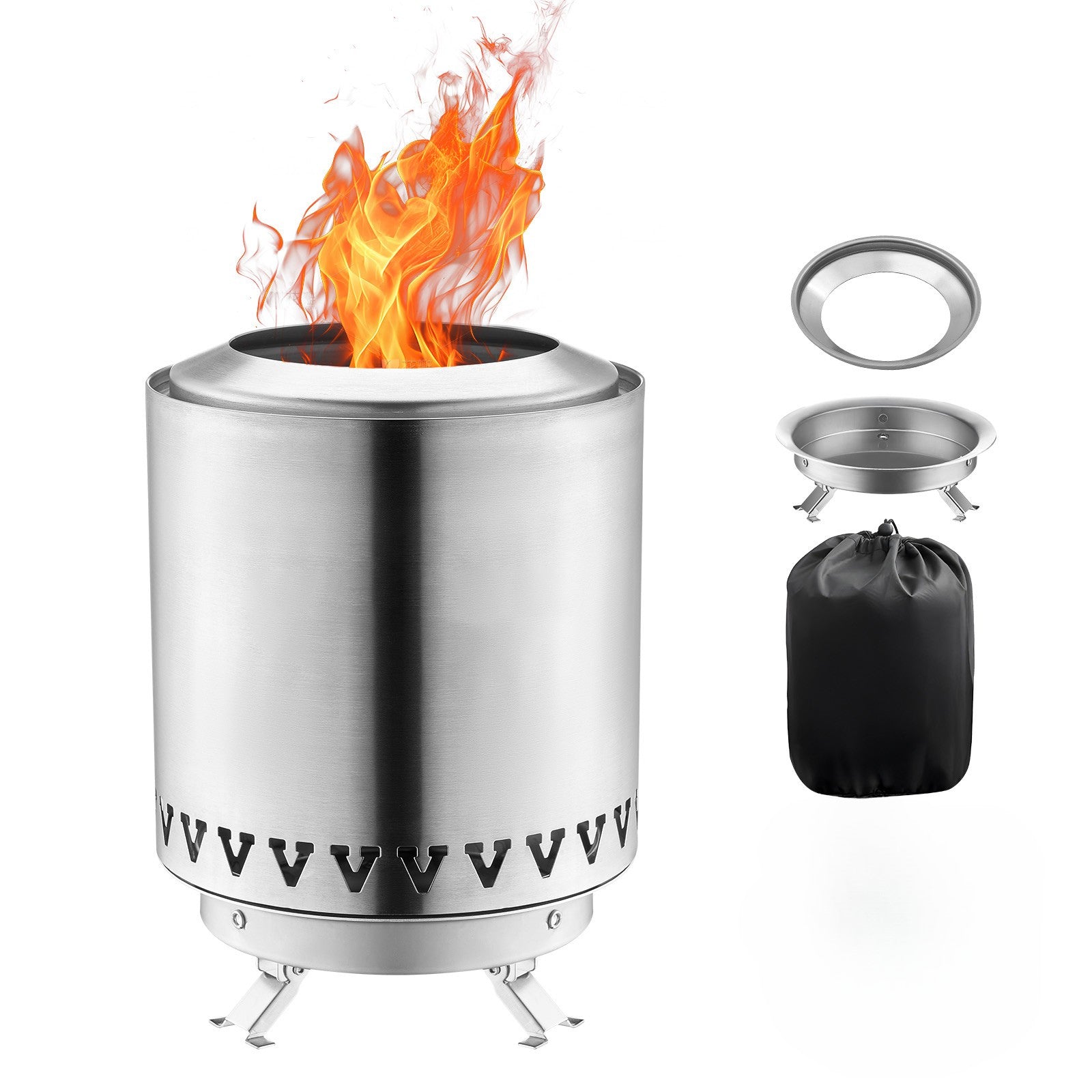 Stainless steel fire pit with flames, lid, and cover on a white background