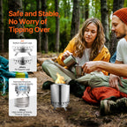 Two people sitting by a campfire with a portable stove, surrounded by trees.